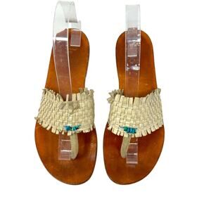 Henry Cuir Slide Sandals Leather Woven Rattan Beaded Tan Brown Size 38 US 8